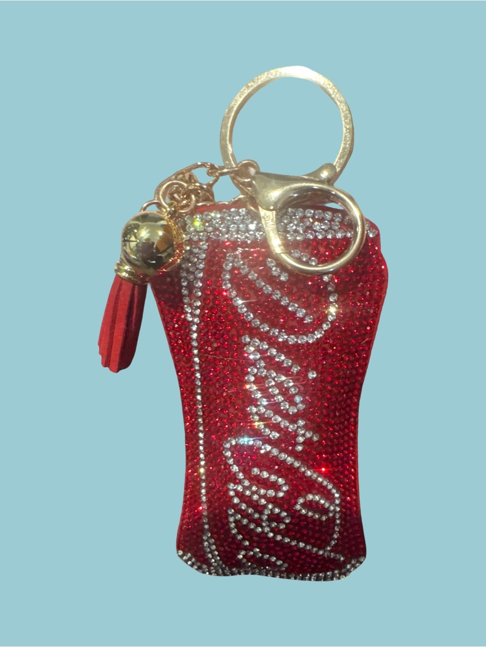Red Crystal Beverage Bottle Keychain Charm with Tassel